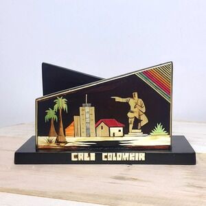 Vintage Cali Colombia Straw Art Napkin Holder Handmade Wood Marquetry Souvenir